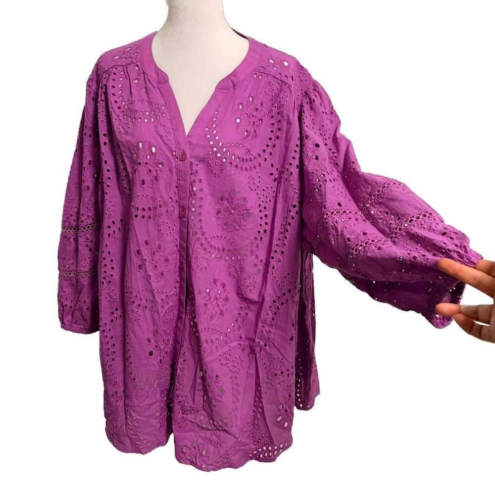 Torrid Cotton Peasant Crochet Eyelet Balloon Sleeve Purple Blouse Cottagecore 4